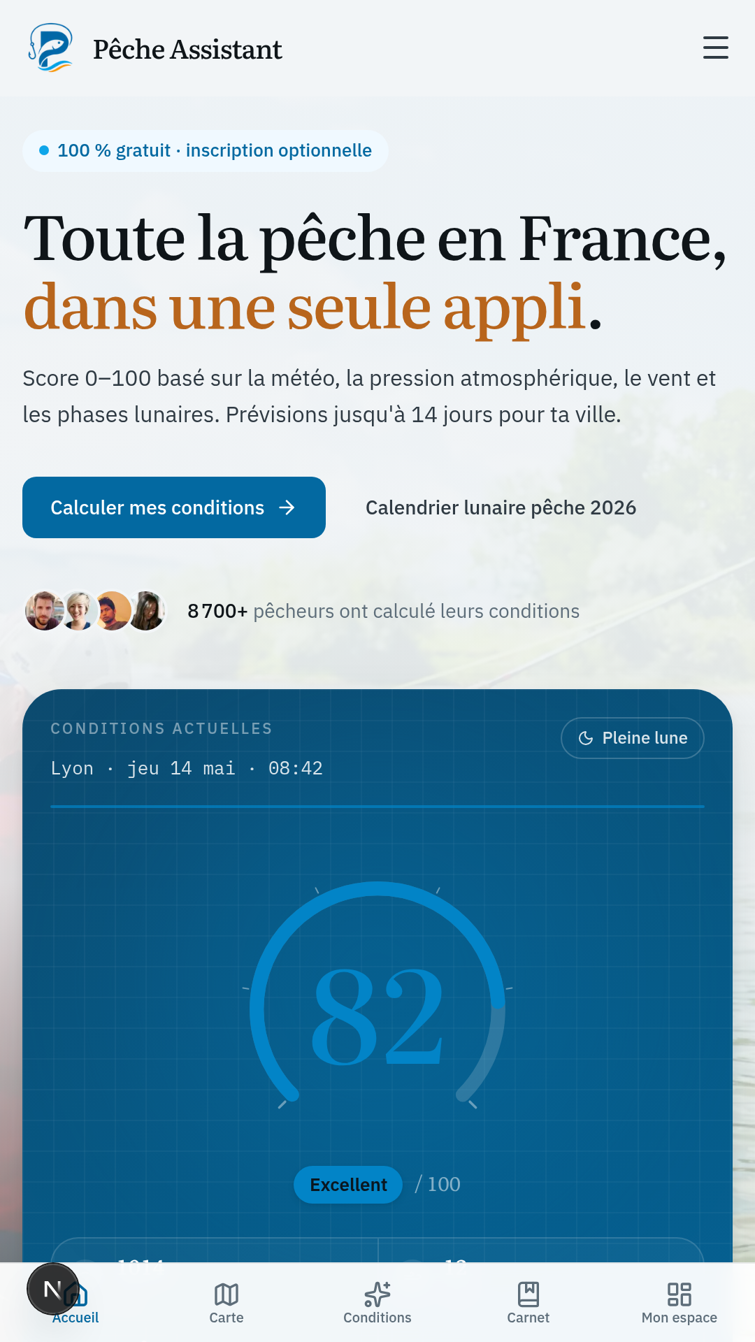 L'app Pêche Assistant ouverte sur le score de conditions du jour