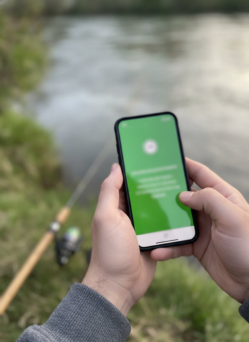 Pêcheur consultant son justificatif de carte de pêche numérique sur son smartphone, canne posée dans l'herbe au bord de l'eau