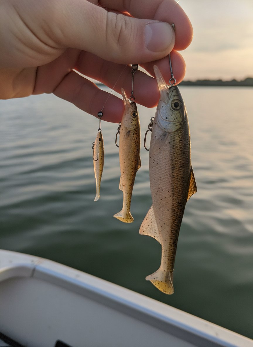 Trois shads souples de tailles différentes (finesse 6 cm, standard 10 cm, gros format 14 cm) montés sur têtes plombées, tenus en main au bord d'une barque