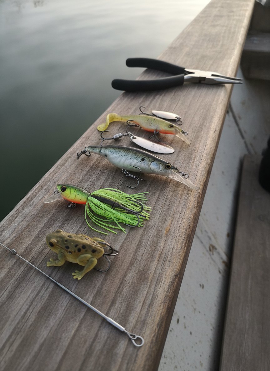 Assortiment de leurres brochet posés sur le plat-bord d'une barque : leurre souple shad, jerkbait à bavette, spinnerbait à palette et grenouille artificielle, à côté d'un bas de ligne acier