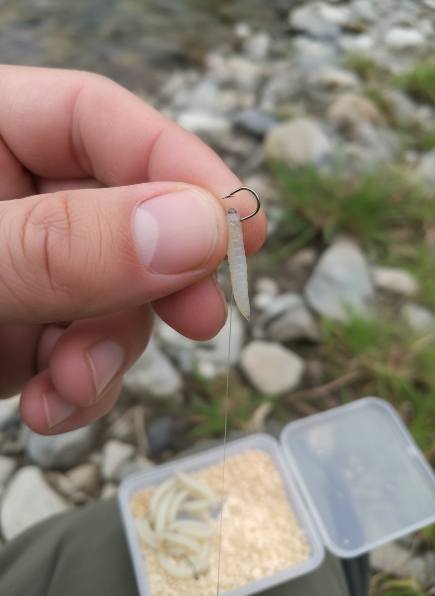 Gros plan sur une teigne piquée par la tête sur un hameçon fin de fer, tenue entre deux doigts, avec une boîte de teignes dans sa sciure au bord d'une rivière à galets