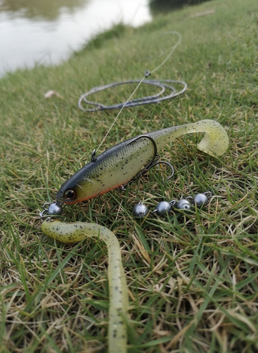 Leurre souple shad monté en texan sur une tête plombée, posé dans l'herbe au bord d'une rivière