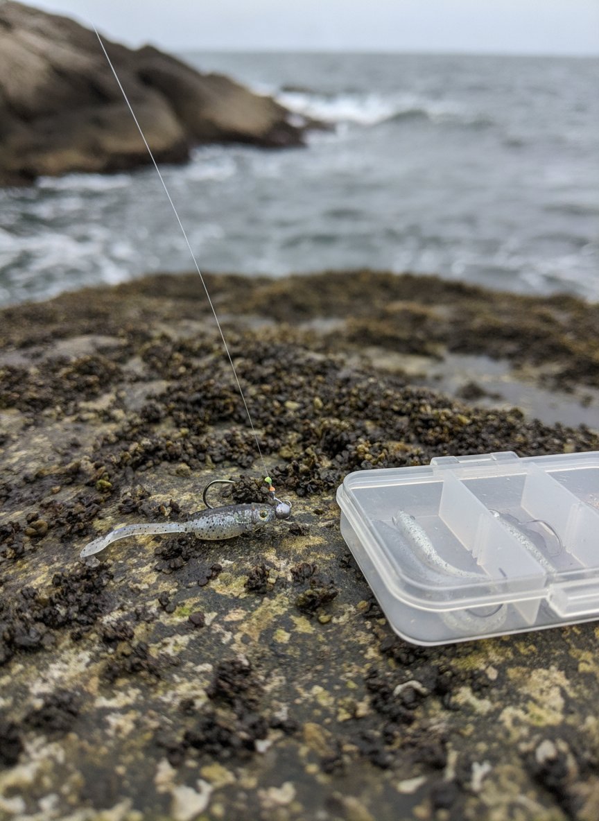 Montage de rockfishing : petit leurre souple shad sur tête plombée légère, posé sur un rocher couvert d'algues au bord de mer