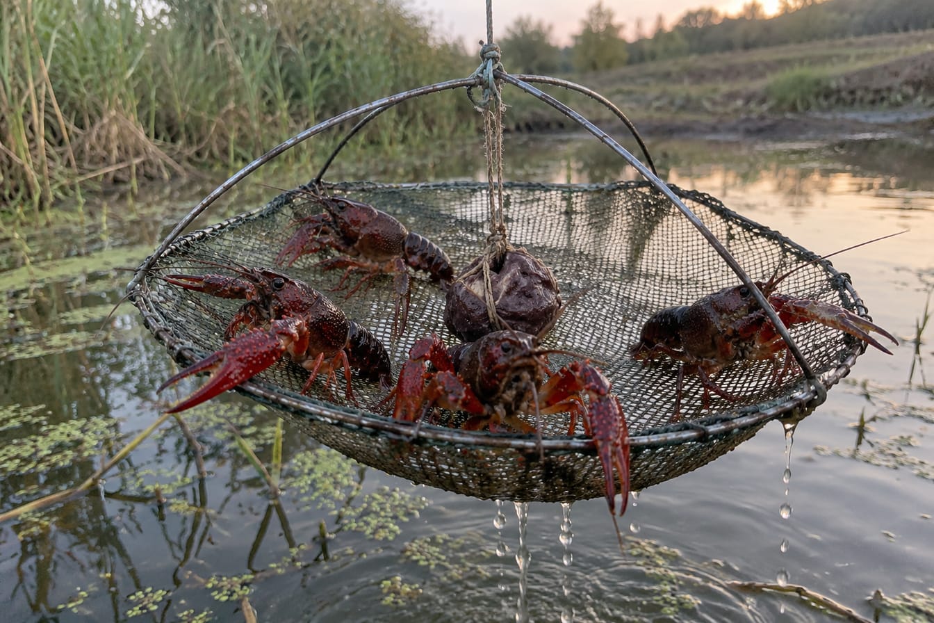 Balance à écrevisses relevée au-dessus d'un étang : filet rond, appât ficelé au centre et quatre écrevisses de Louisiane rouges aux pinces granuleuses