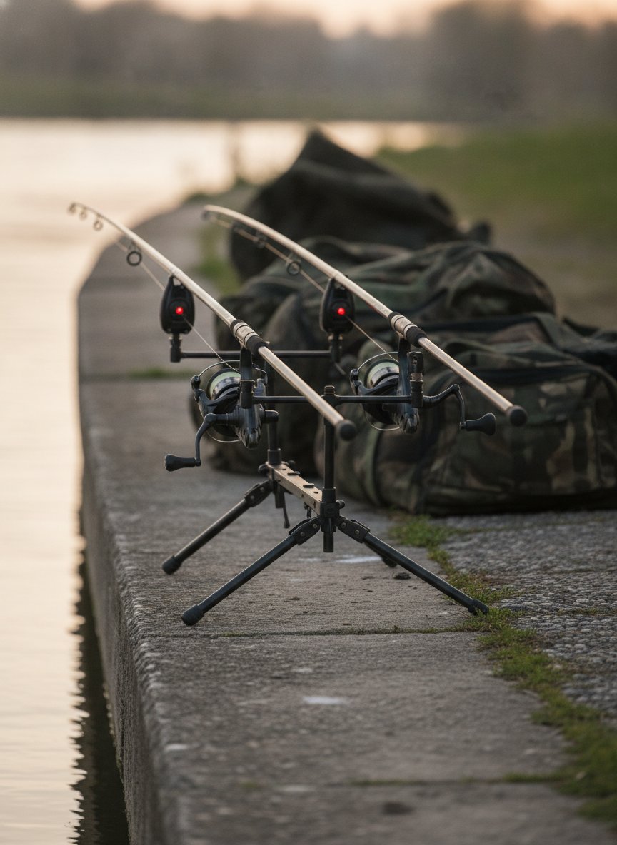 Rod pod à pieds réglables posé sur une dalle de béton au bord d'un canal, avec deux cannes carpe et détecteurs de touche